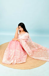 Heavy Chikankari Work On Light Pink Organza Saree